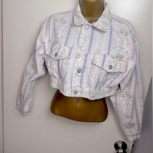 BONGO Cotton White Pink Blue Vintage 80’s/90’s? Back Patch Cropped Jean Jacket S